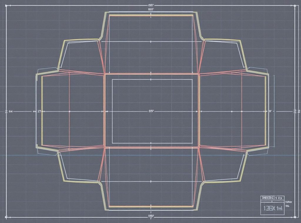 Dieline template showing cut lines, fold lines, and bleed areas for packaging production