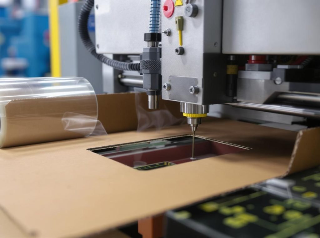 Die-cutting machine creating window opening in cardboard packaging box