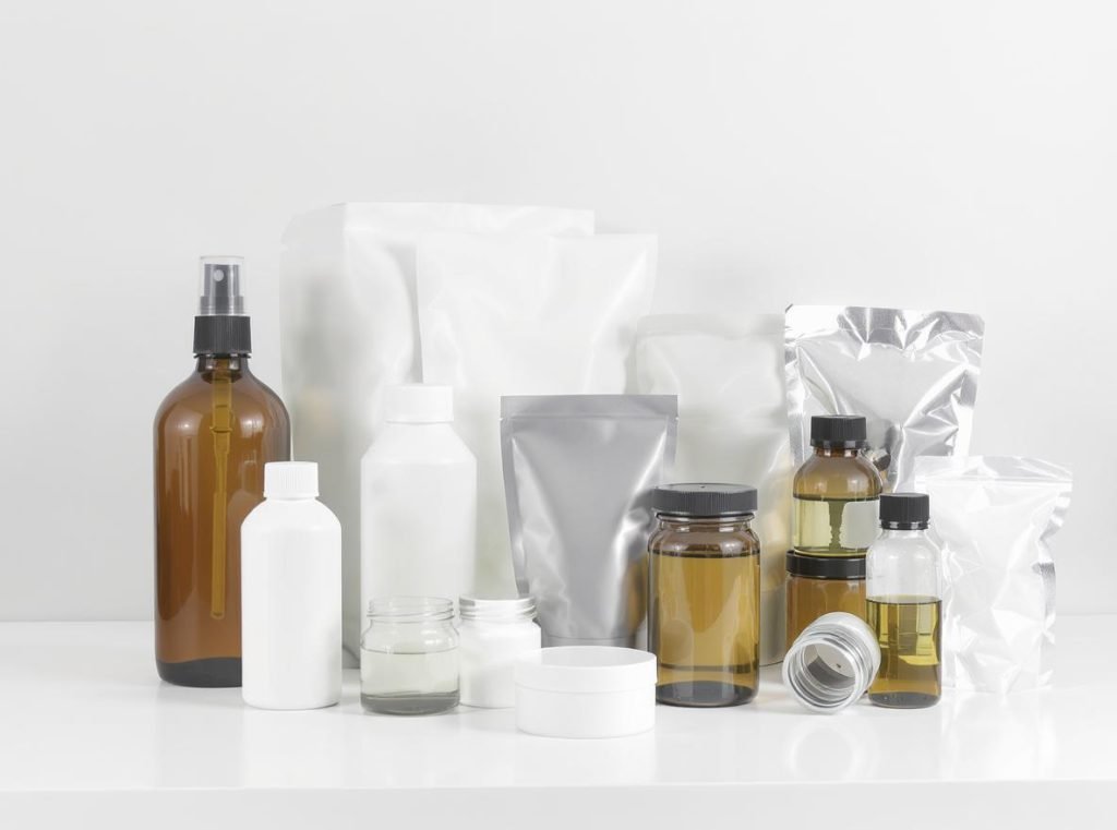 FDA-approved food packaging materials including HDPE, PET, aluminum, and glass containers