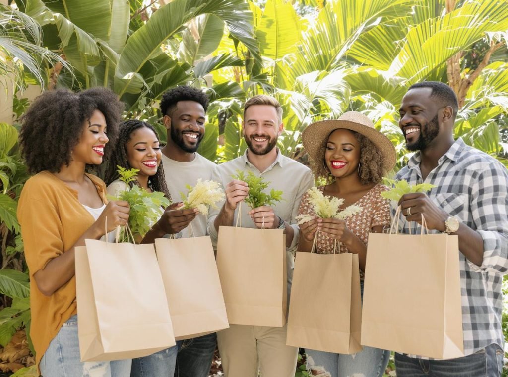 Happy consumers holding eco-friendly packaging demonstrating environmental consciousness and brand loyalty