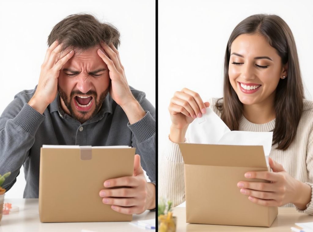 Comparison showing frustrated customer with difficult packaging versus happy customer with easy-open design