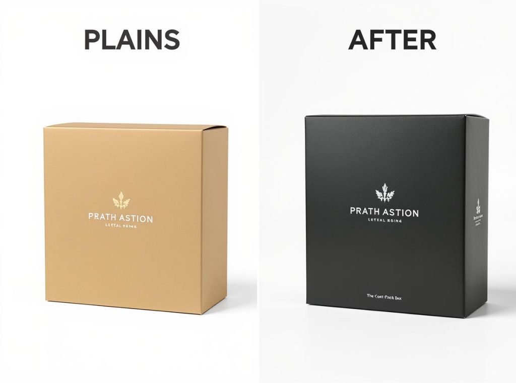 Side by side comparison of generic packaging versus custom designed packaging with premium materials