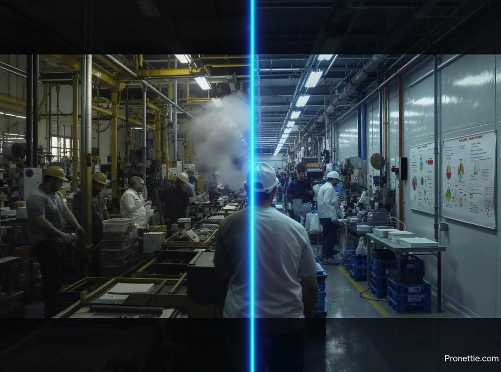 Comparison between disorganized and well-managed manufacturing facilities showing quality control challenges