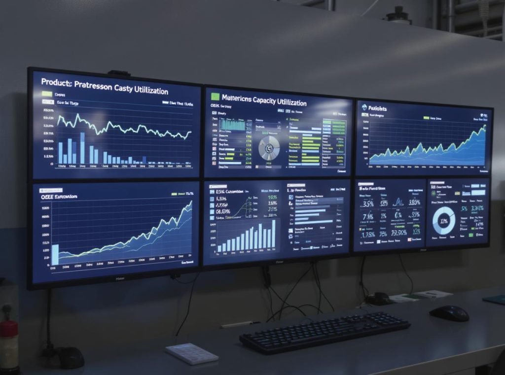Factory production capacity indicators displayed on digital dashboard showing OEE metrics and efficiency charts