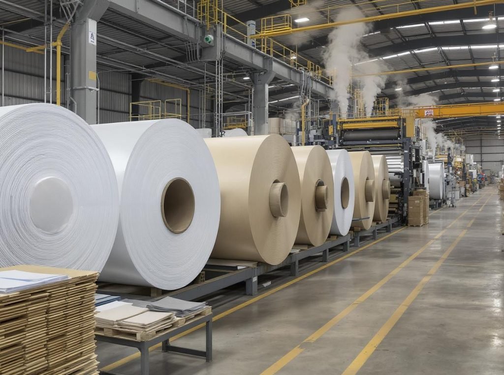 Corrugated box manufacturing process showing white and kraft paper production