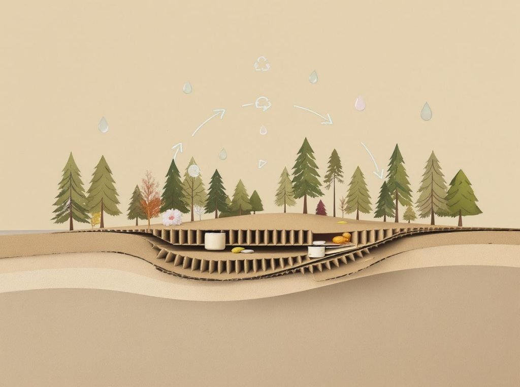 Corrugated box cross-section showing renewable materials and circular recycling process