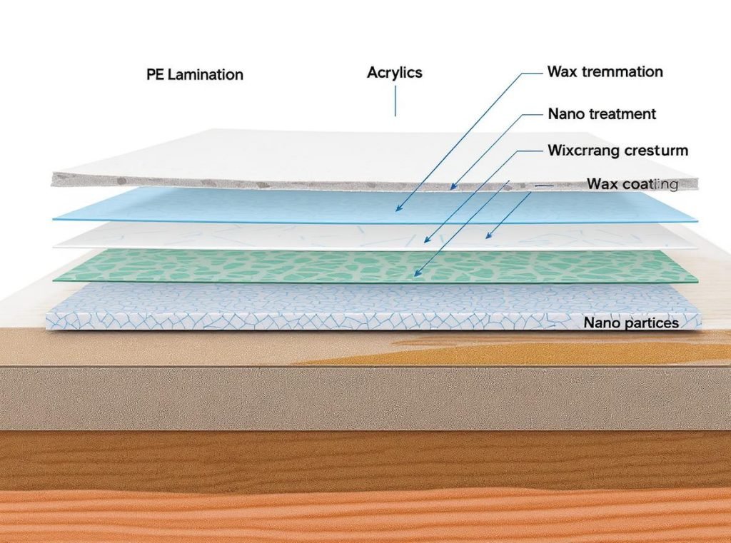 Cross-section diagram showing different types of water-resistant coatings on cardboard