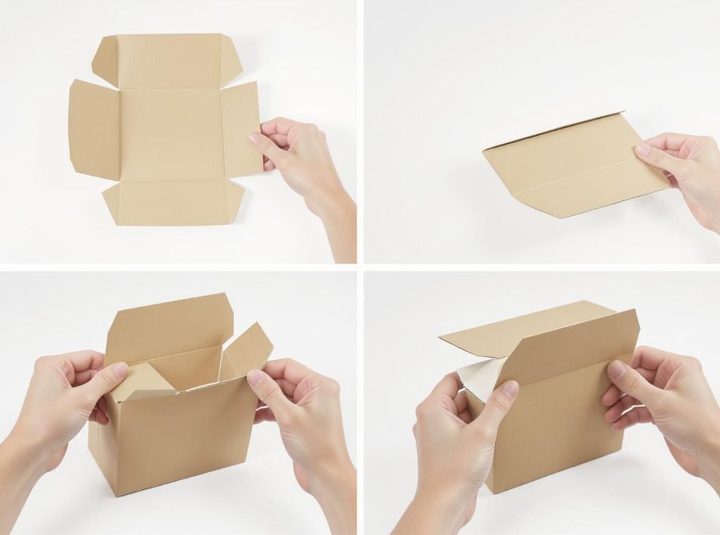 RETF mailer box assembly process showing three-step folding sequence