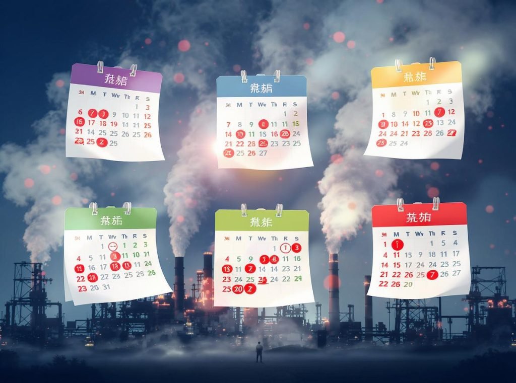 Six major Chinese national holidays calendar with factory background