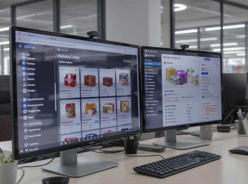 B2B platform interfaces showing packaging supplier profiles and product catalogs for sourcing