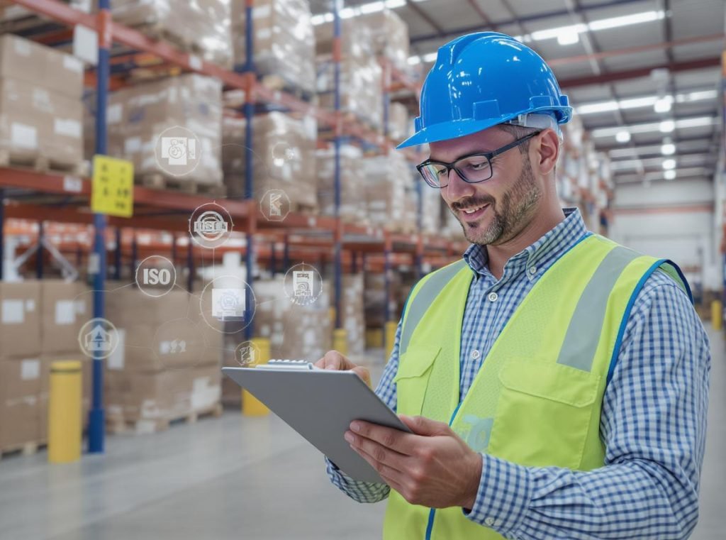 Quality control inspector reviewing export licenses and ISO certifications in warehouse