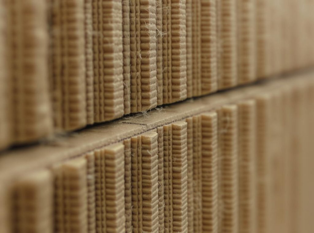Close-up view of corrugated cardboard score line showing compressed material impression