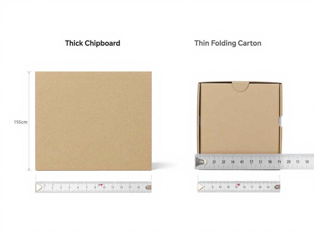 Rigid box construction comparison showing thick chipboard versus folding carton materials