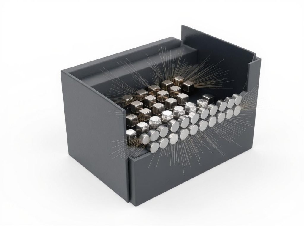 Cross-section diagram showing magnetic closure components embedded in rigid box structure