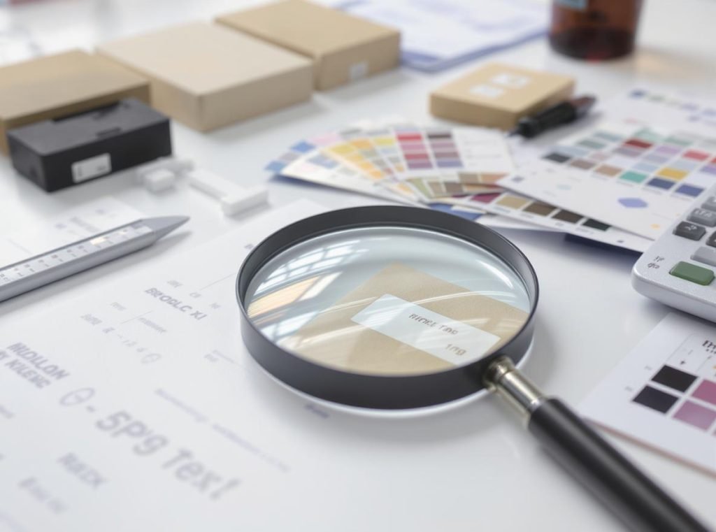 Packaging samples under quality inspection with testing tools and measurement equipment