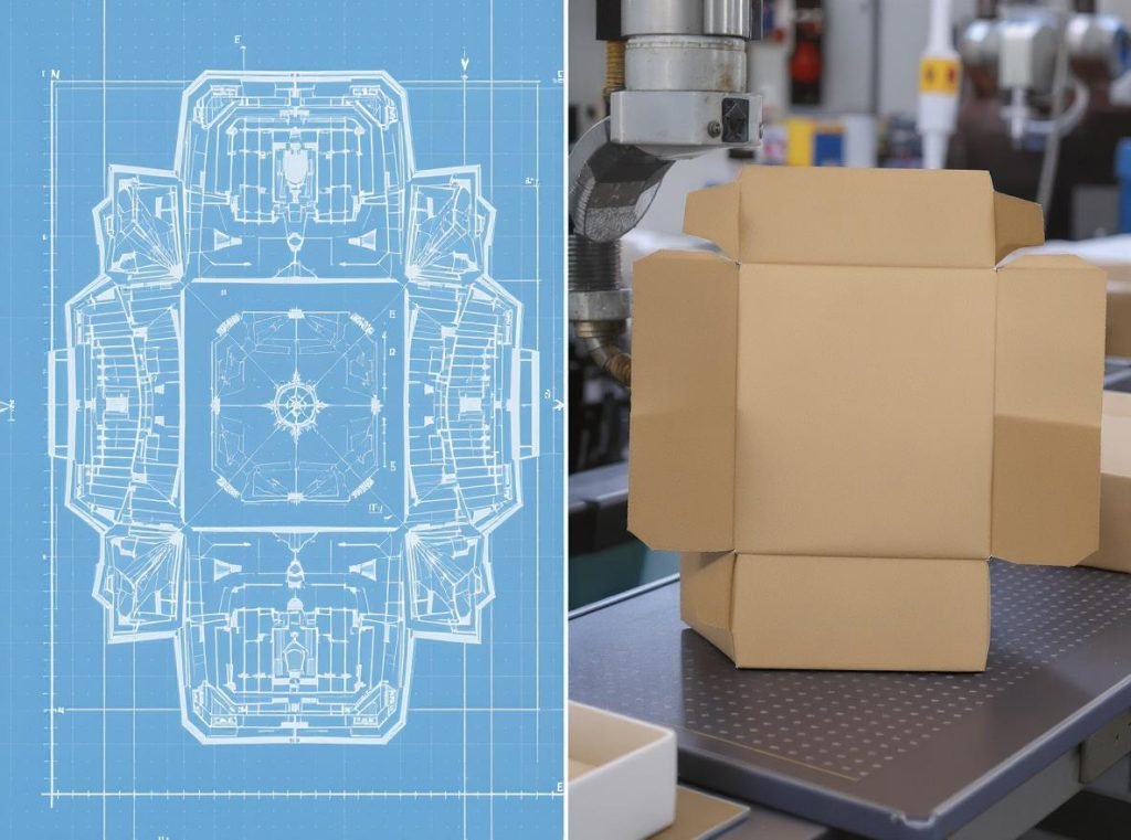 Dieline blueprint transforming into finished custom boxes showing complete production process