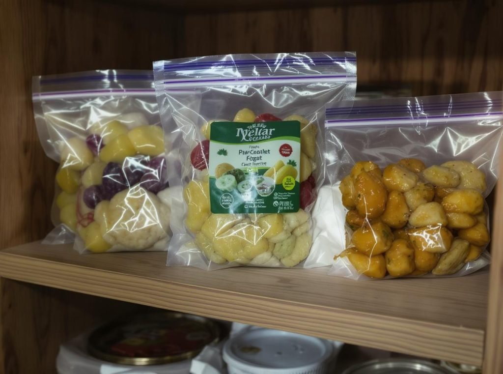 Organized storage of sealed Mylar bags on shelf showing successful long-term food preservation