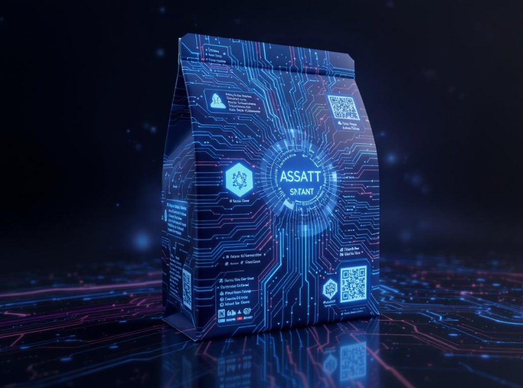 Futuristic smart packaging with digital technology and IoT features showing future trends