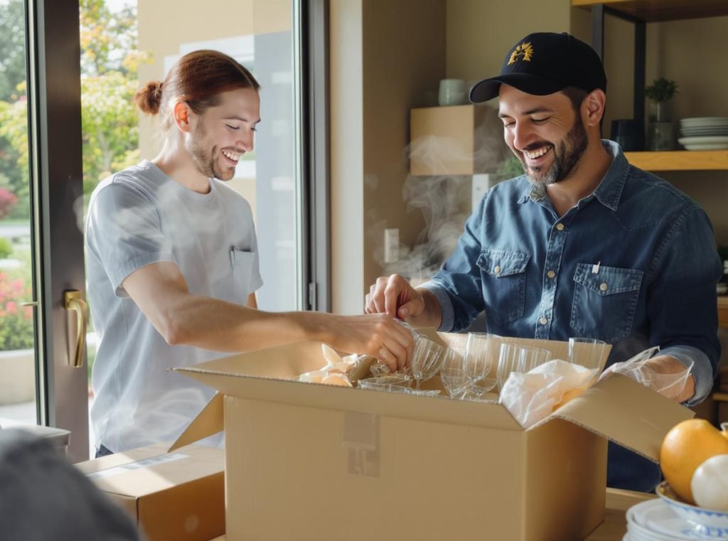 Successfully delivered fragile items with customer happily unpacking undamaged glassware