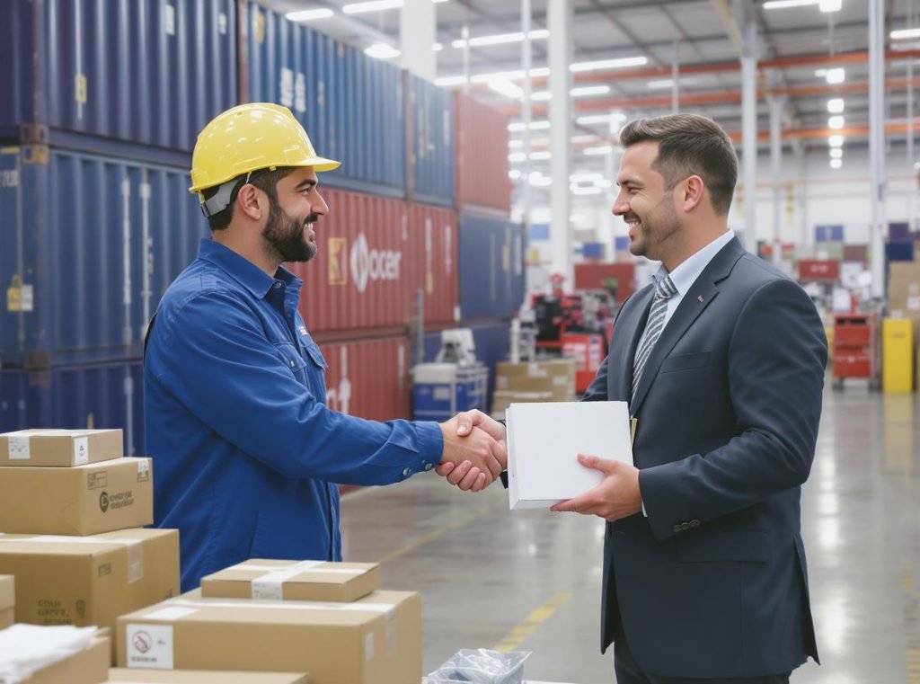 Successful partnership handshake between international buyer and Chinese packaging manufacturer