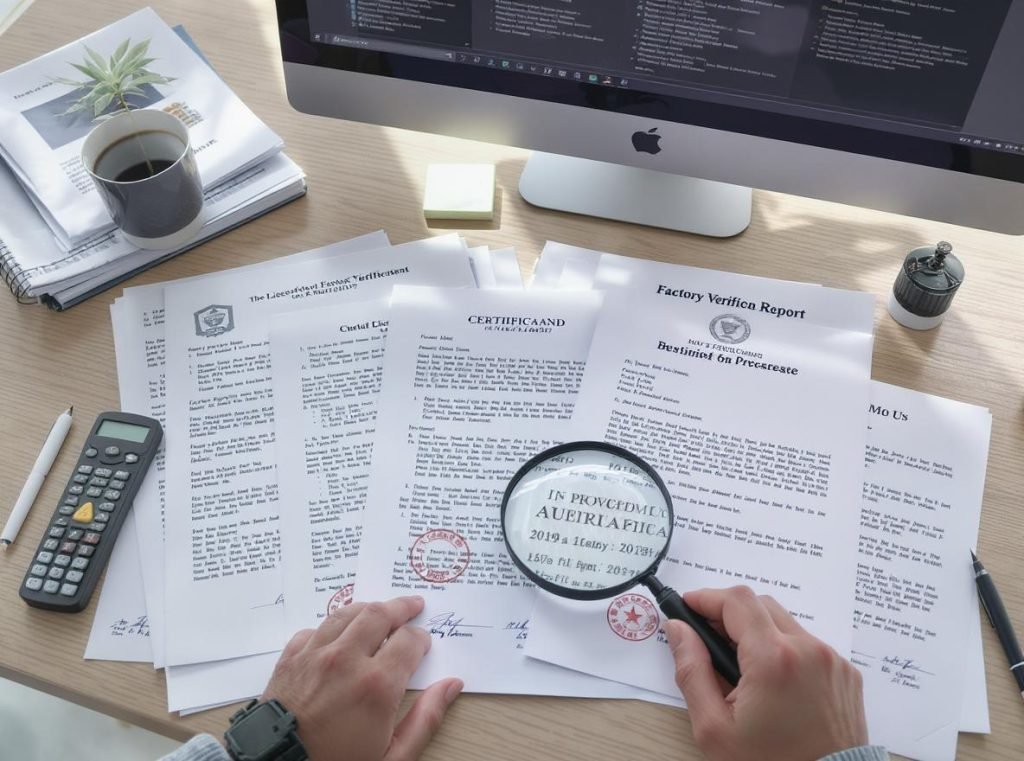 Business documents and verification certificates for packaging manufacturer legitimacy check