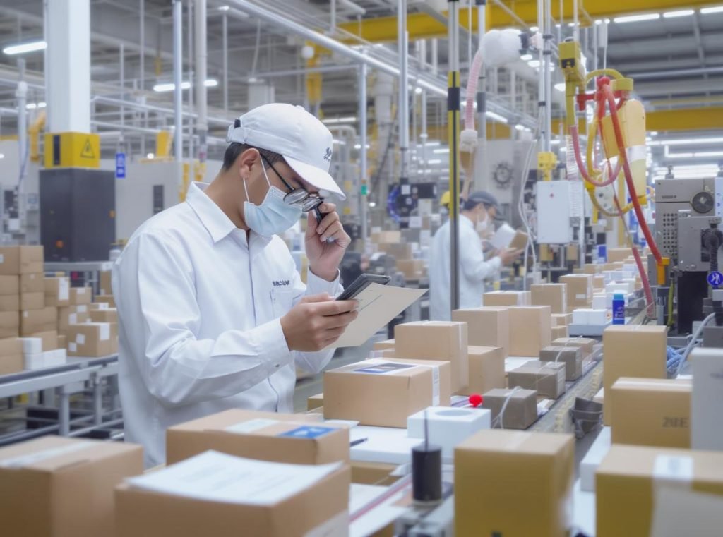 Quality control inspector examining packaging products in Chinese manufacturing facility