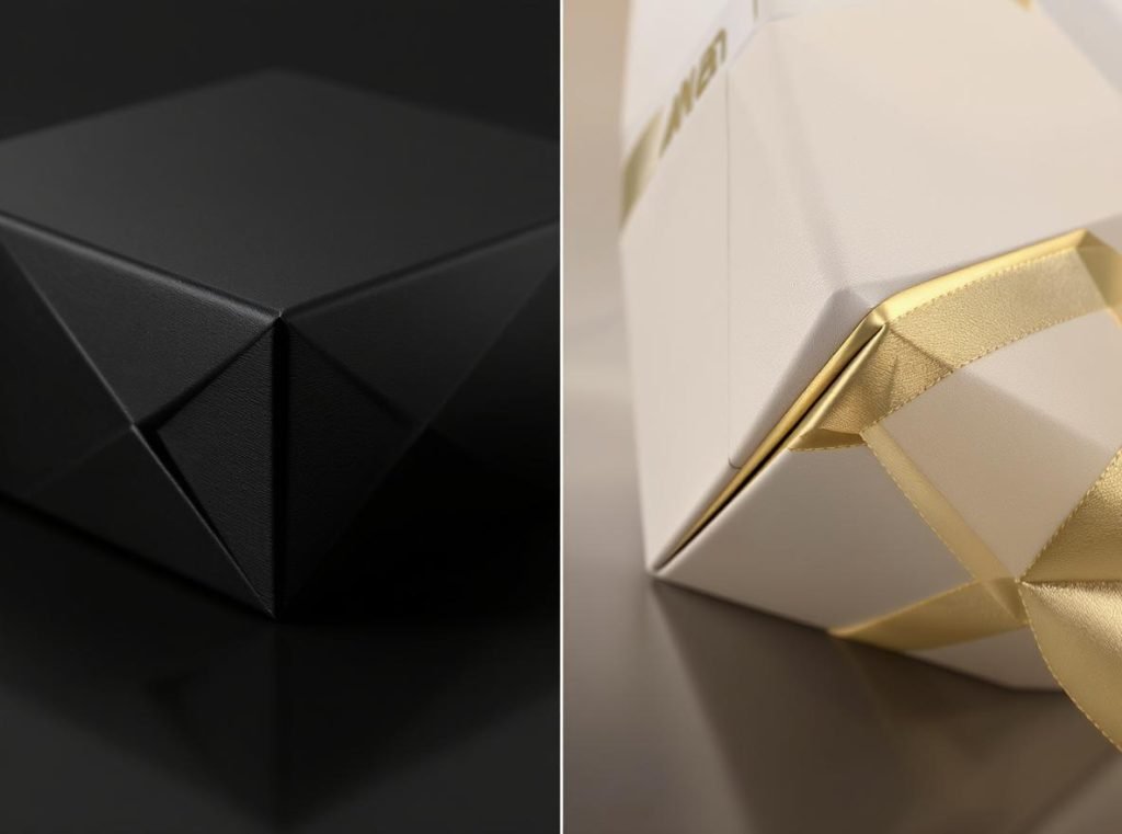 Comparison showing sharp V-groove corners versus traditional creasing in luxury rigid box packaging