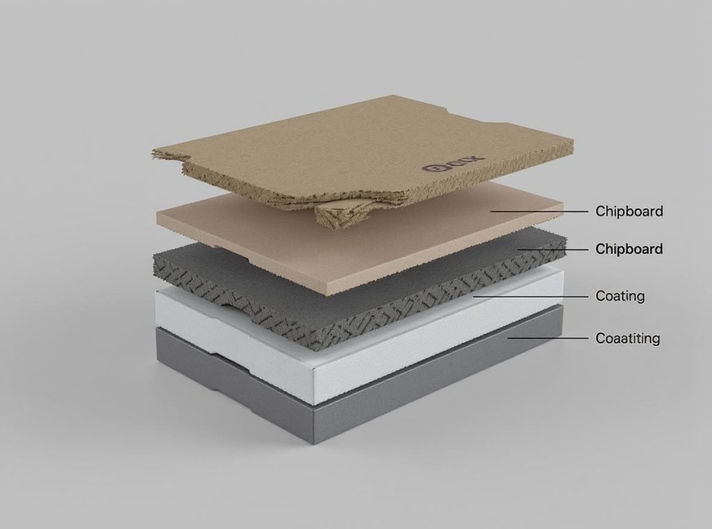 Technical diagram showing rigid box construction with soft-touch coating layers