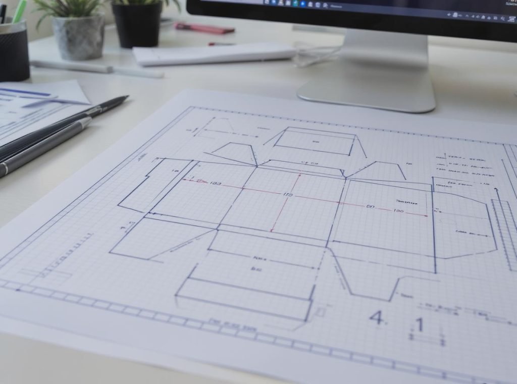 Dieline creation and technical blueprint for custom rigid box manufacturing