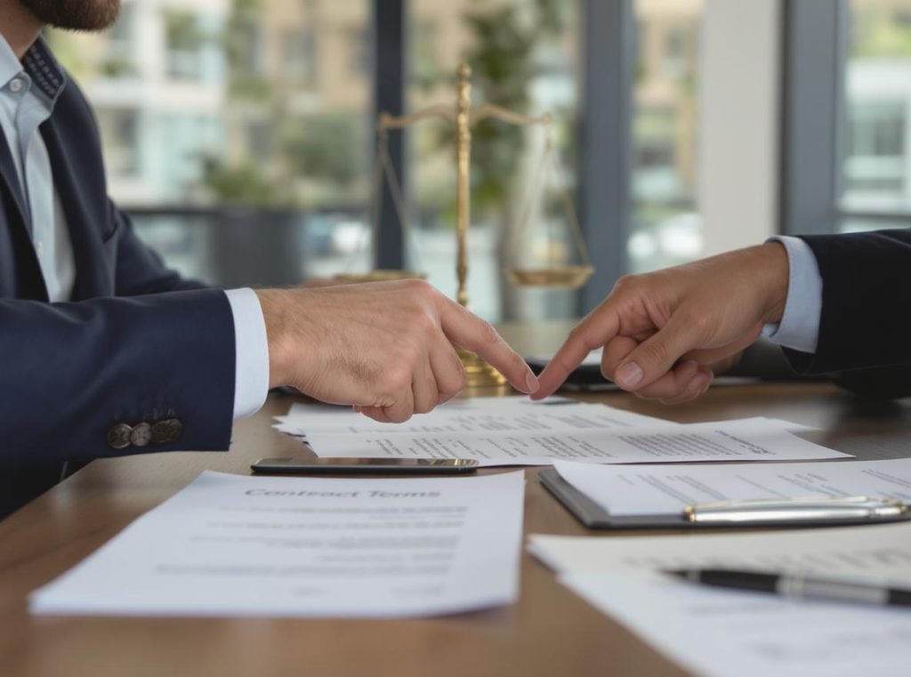 Business negotiators using give-get strategy to exchange contract terms and benefits