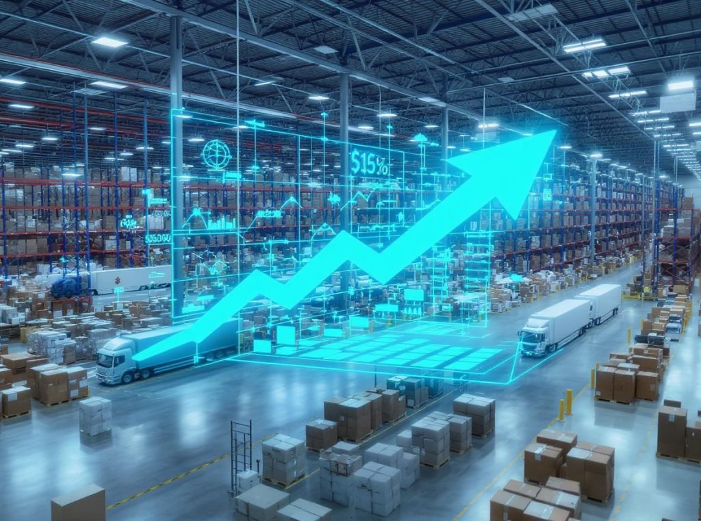 Warehouse shipping and storage cost savings visualization with pallets and freight trucks