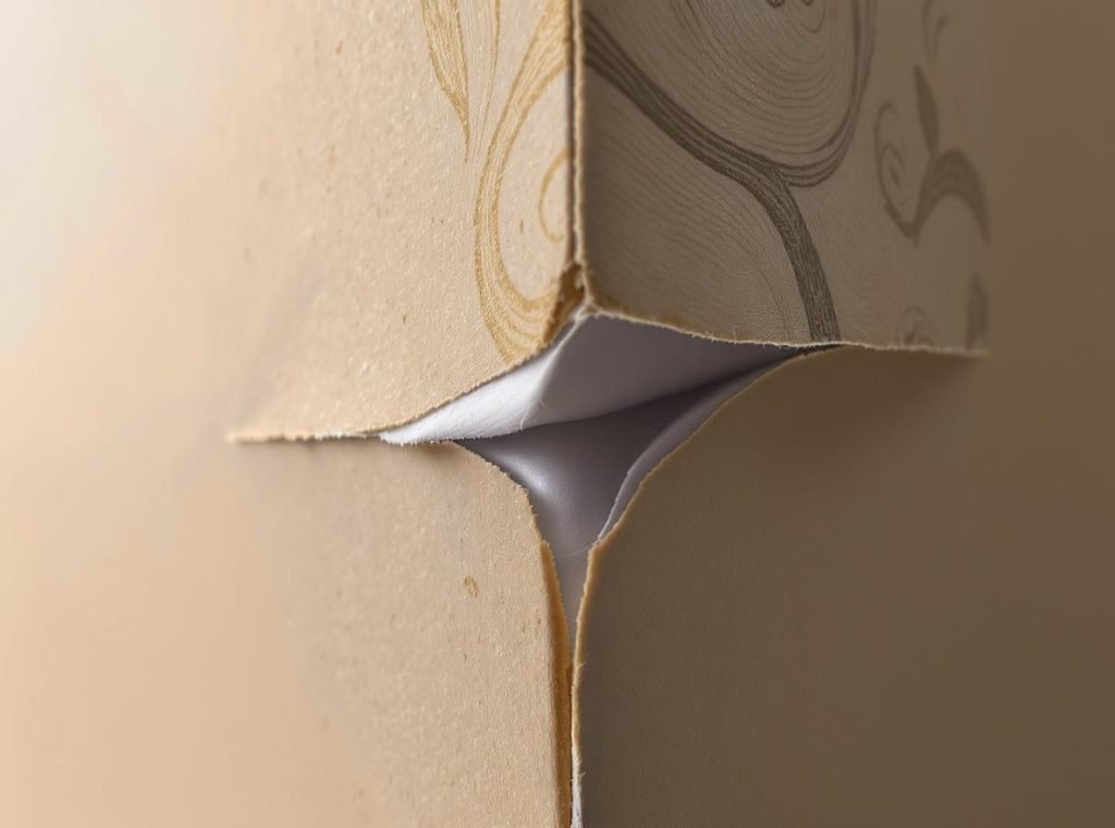 Close-up view of rigid box adhesion defects showing delamination and glue failure