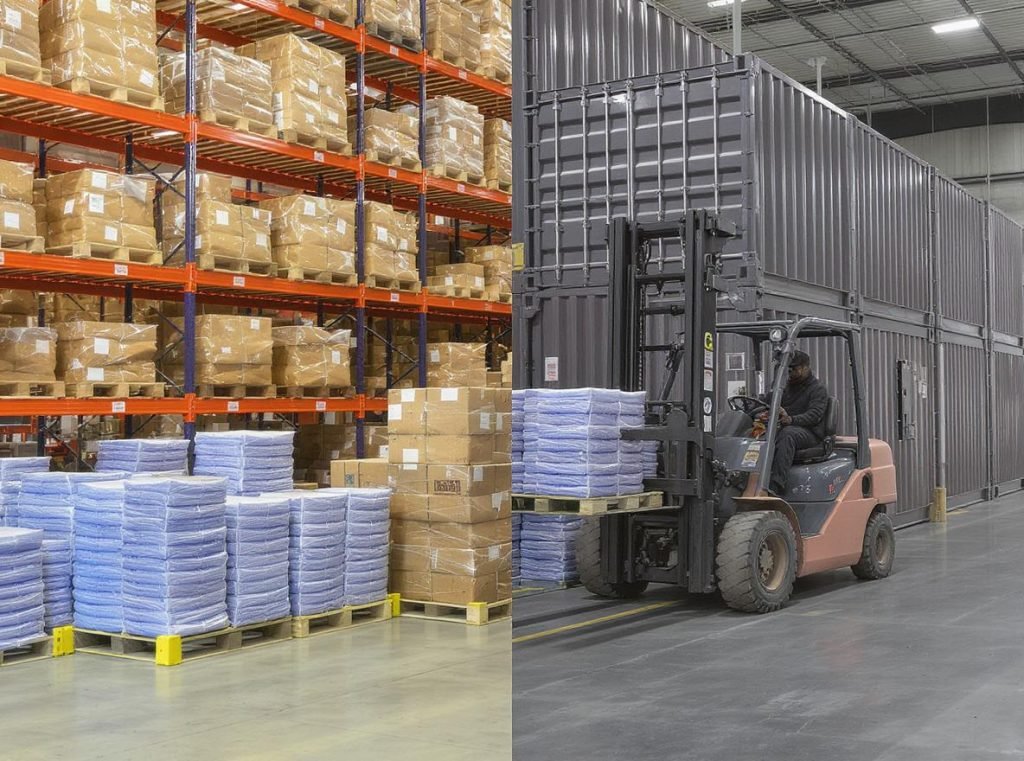 Warehouse comparison showing efficient storage and transportation of stand-up pouches versus rigid packaging