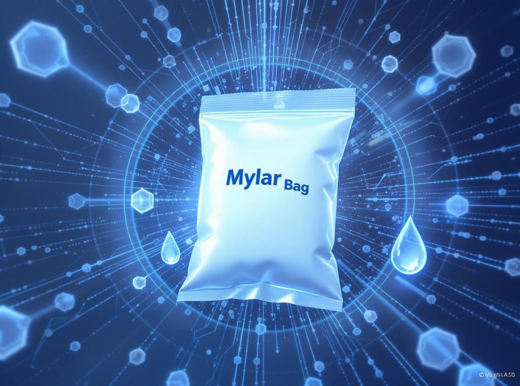Illustration showing how Mylar bags block oxygen, moisture, light and physical damage