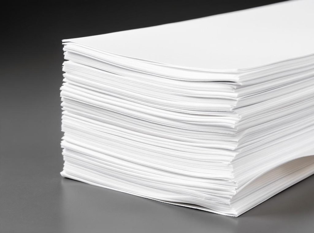 Stack of white bleached kraft paper sheets showing smooth clean surface