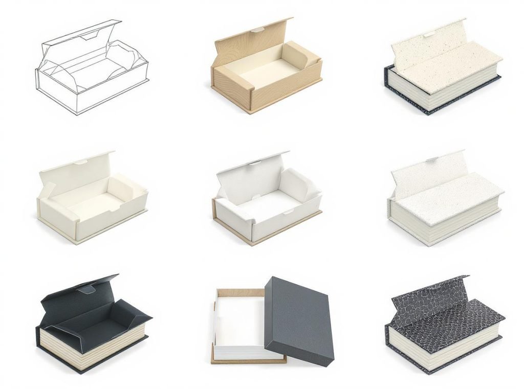 Custom book style rigid box design specifications and material samples display