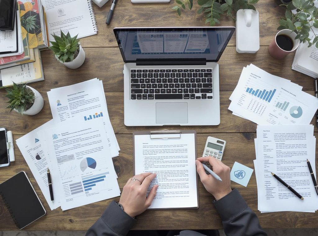 Business professional preparing for MOQ negotiations with research documents and analysis