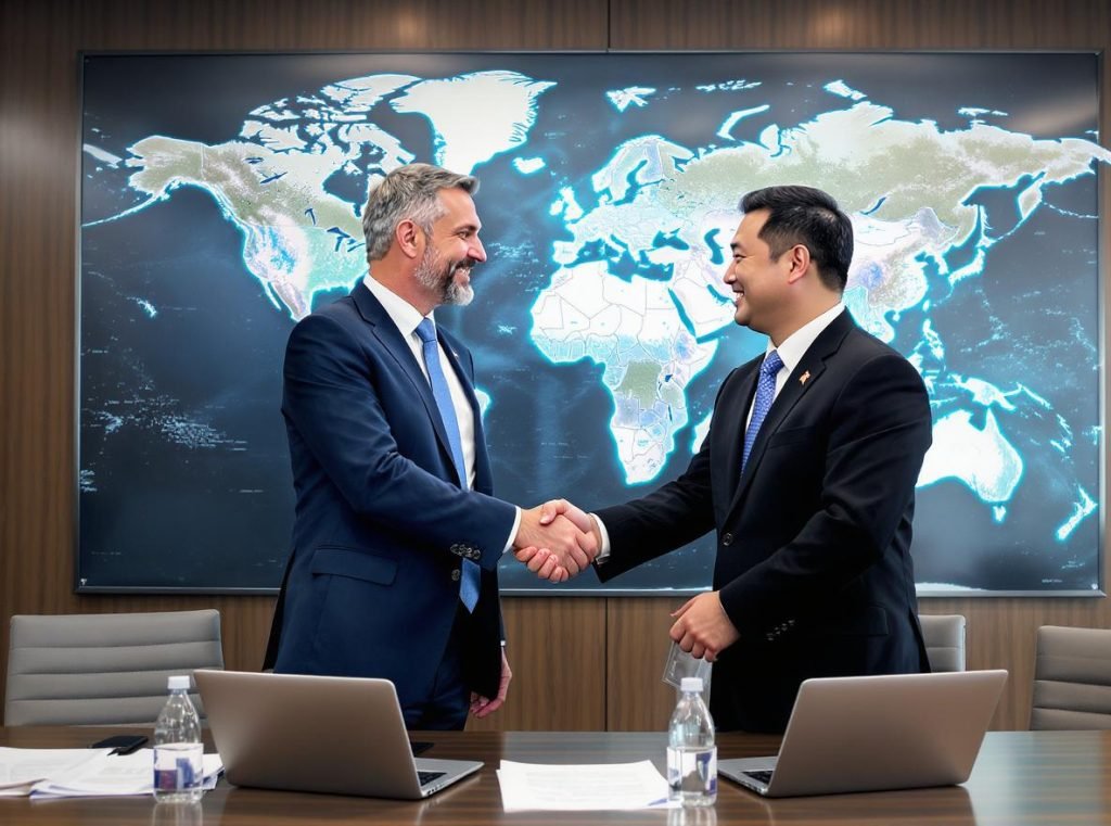 International business collaboration handshake between Western client and Chinese packaging factory manager