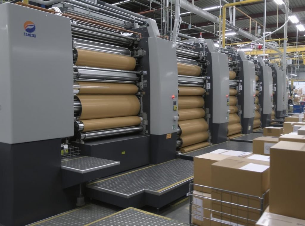 Flexographic printing press for high-volume custom cardboard box production