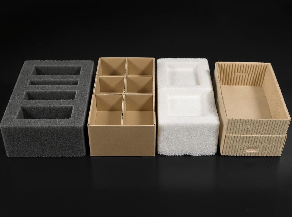 Different types of custom inserts including foam, cardboard, molded pulp, and corrugated materials