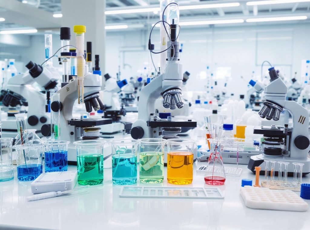 Chemical migration testing laboratory with scientific equipment and food simulants
