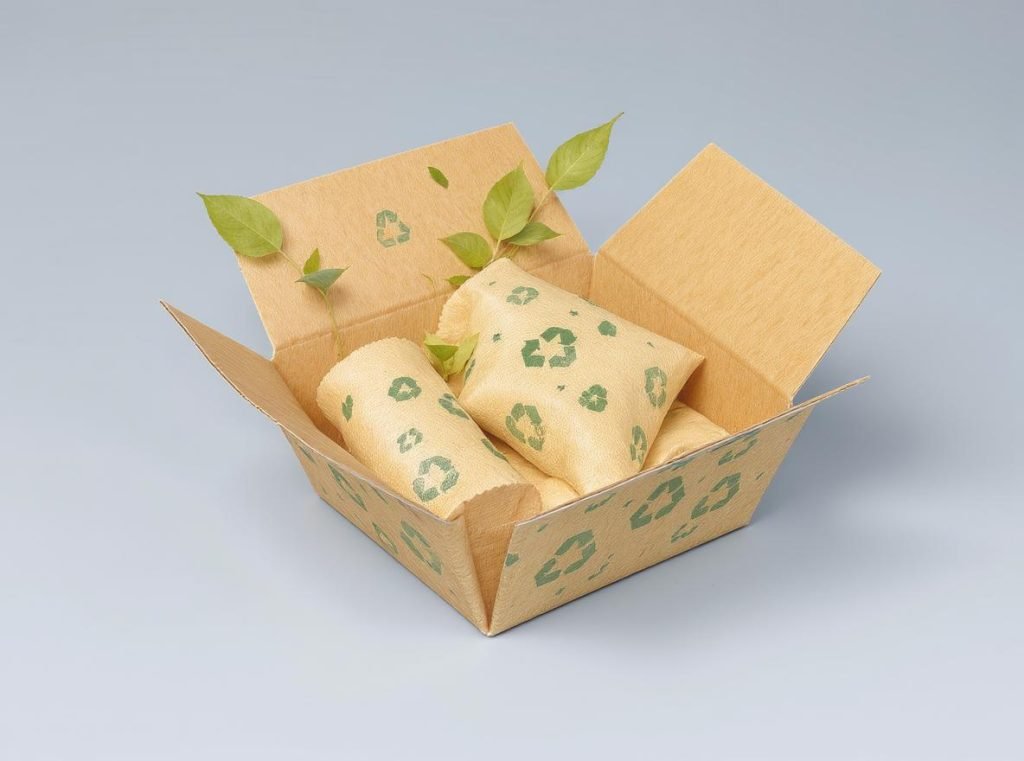Molded pulp packaging inserts made from recycled paper showing eco-friendly fiber texture