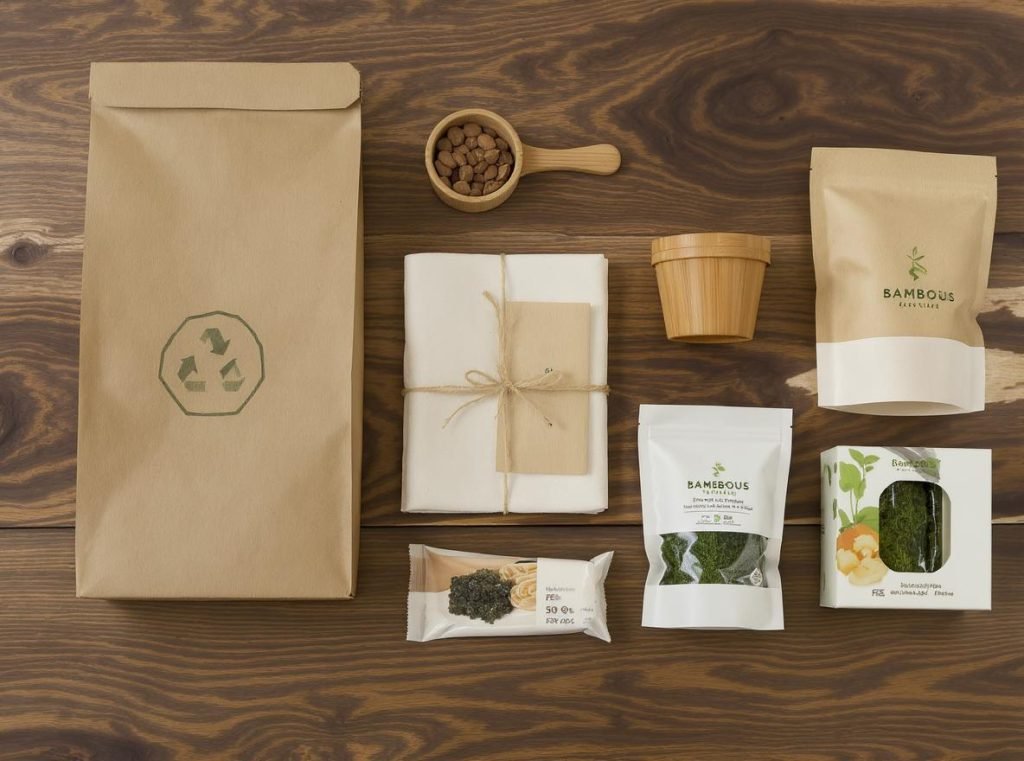 Sustainable packaging materials including FSC-certified cardboard, recycled paper, and biodegradable alternatives
