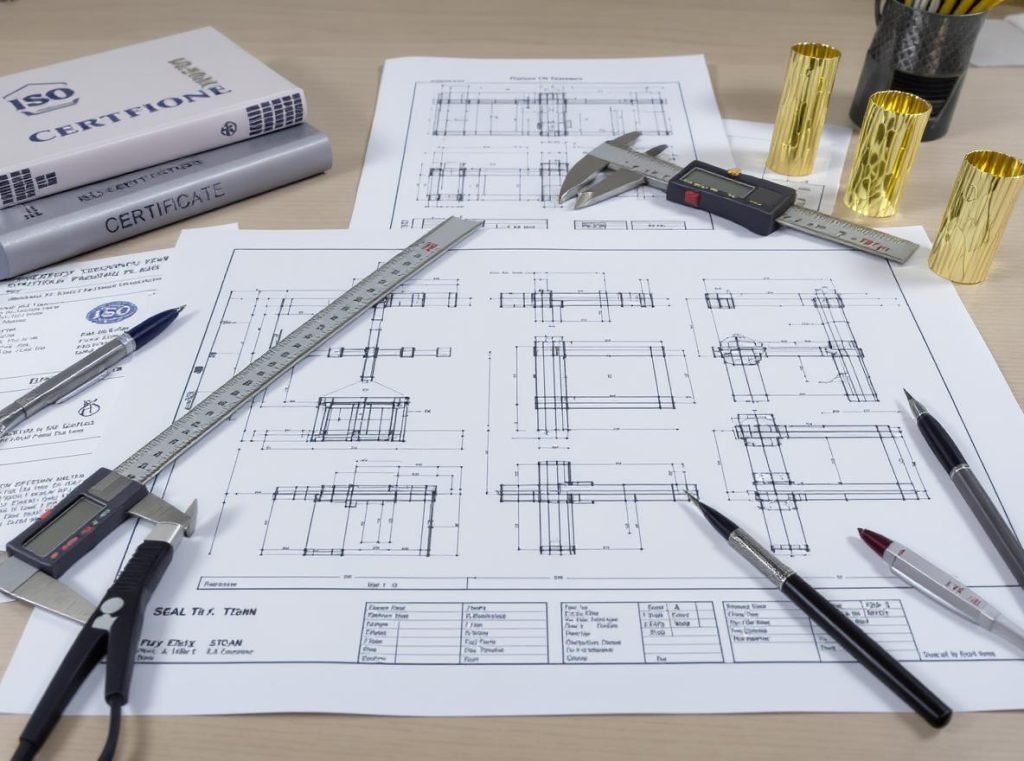 Technical specifications and quality standards documentation with measuring tools and sample products
