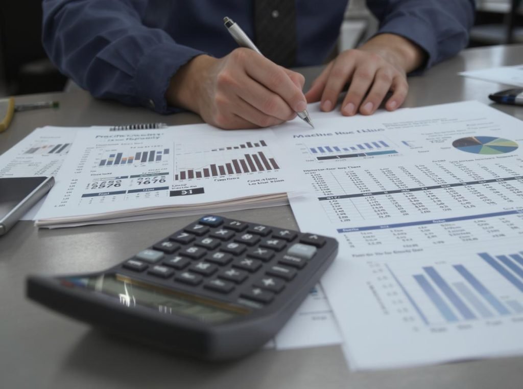 Manufacturing engineer calculating production capacity using formulas and spreadsheets for machine hours analysis