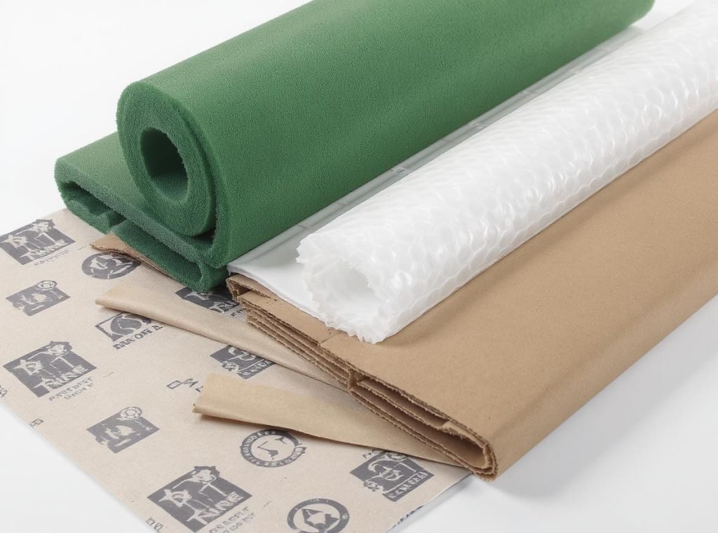 Essential packaging materials for fragile items including foam, bubble wrap, and corrugated cardboard