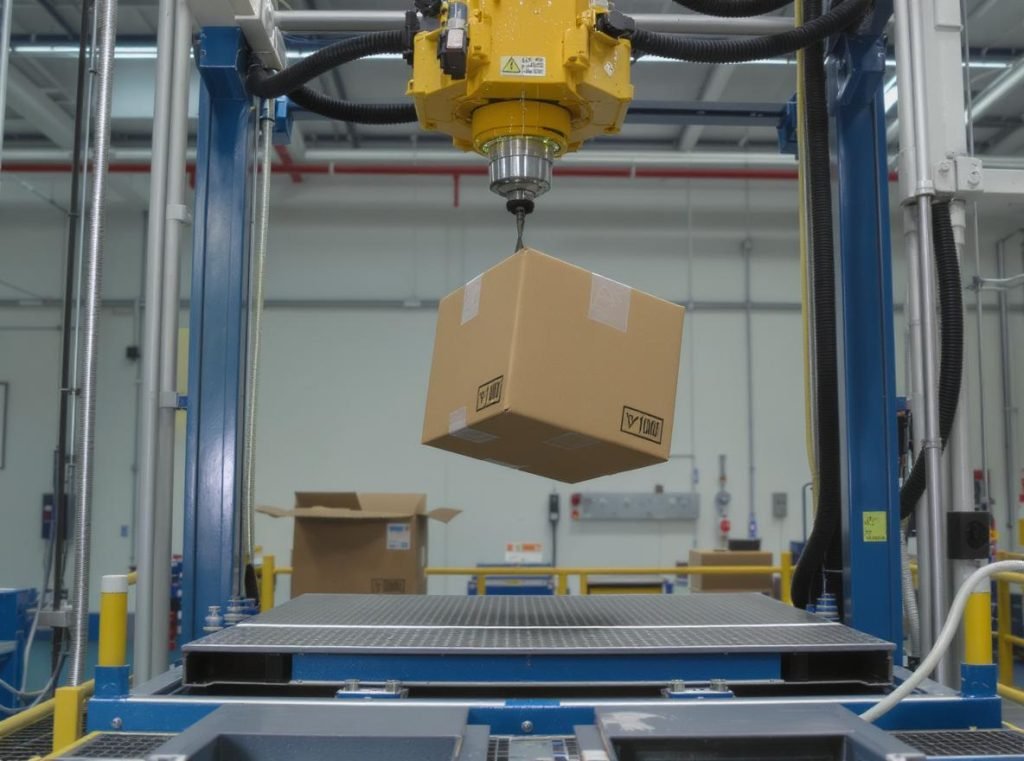 Corrugated box drop test simulation showing package falling during ISTA testing