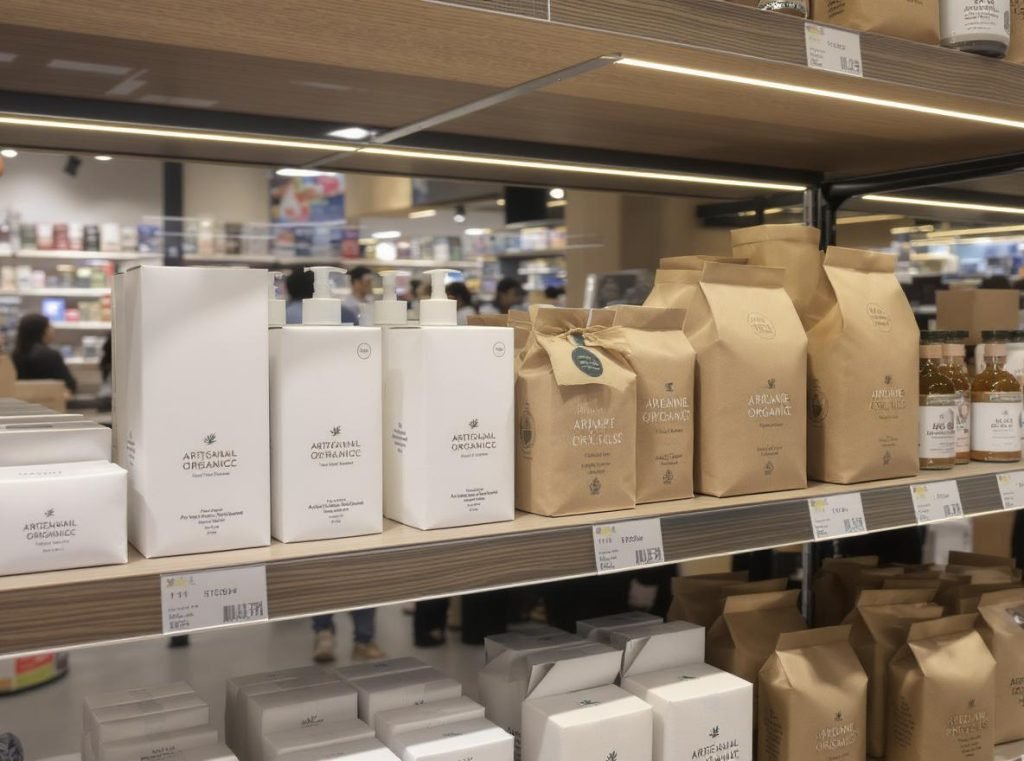 Retail display comparing white corrugated boxes premium positioning vs kraft brown eco-friendly branding