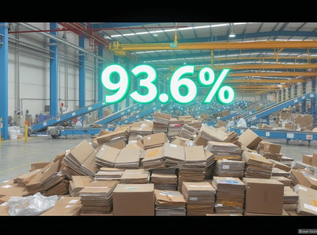 Corrugated box recycling facility showing 93.6% recycling rate achievement