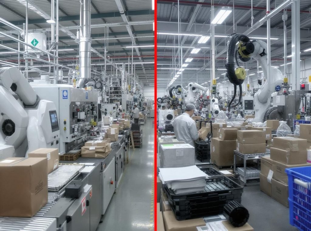 Chinese packaging workers operating advanced machinery showing productivity and efficiency